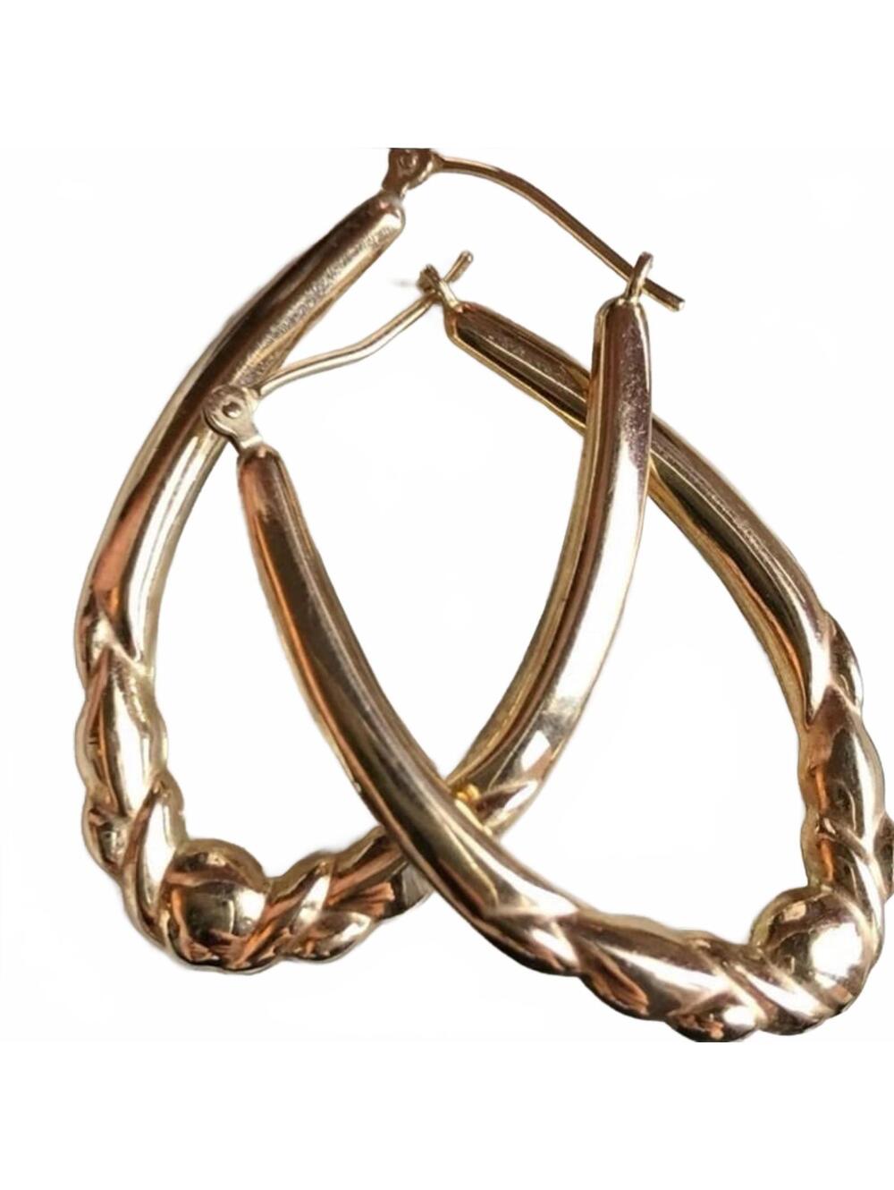 14K Gold Classic Vintage Oblong  Designer Hoop Earrings
